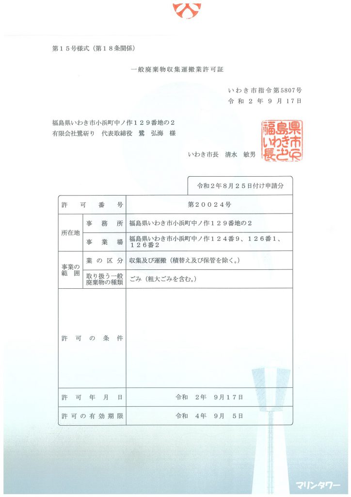 各種許可証 有限会社 鷺はつり