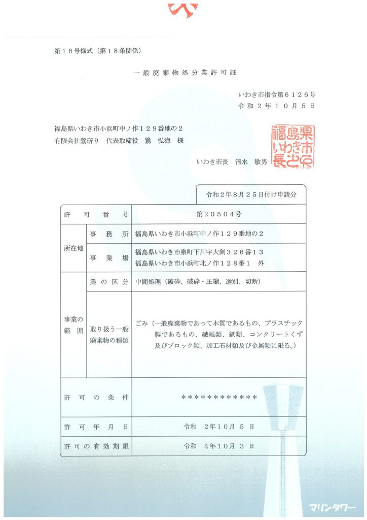 各種許可証 有限会社 鷺はつり
